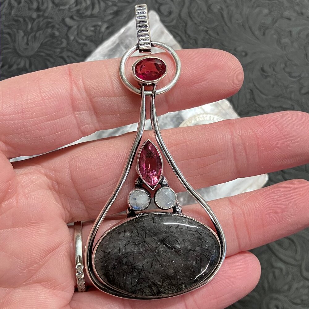 Tourmalinated Quartz Rainbow Moonstone and Pink Gems Pendant